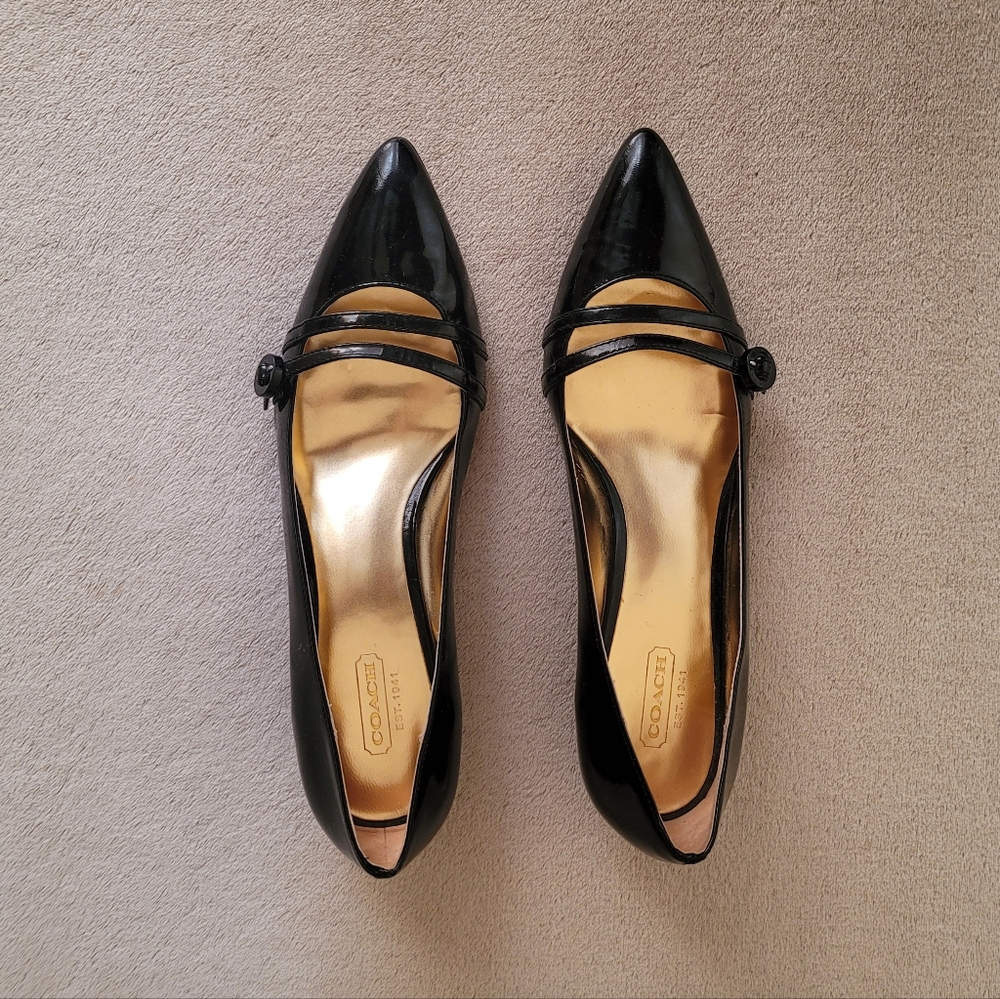 Coach Women Natasya Black Patent Leather 2  Top Straps Kitten Heel Shoes Size 7